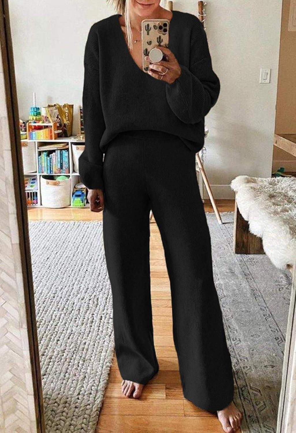 Women'S 2 Piece Outfits Casual V Neck Knit Wide Leg Sweater Lounge Set Sweatsuit