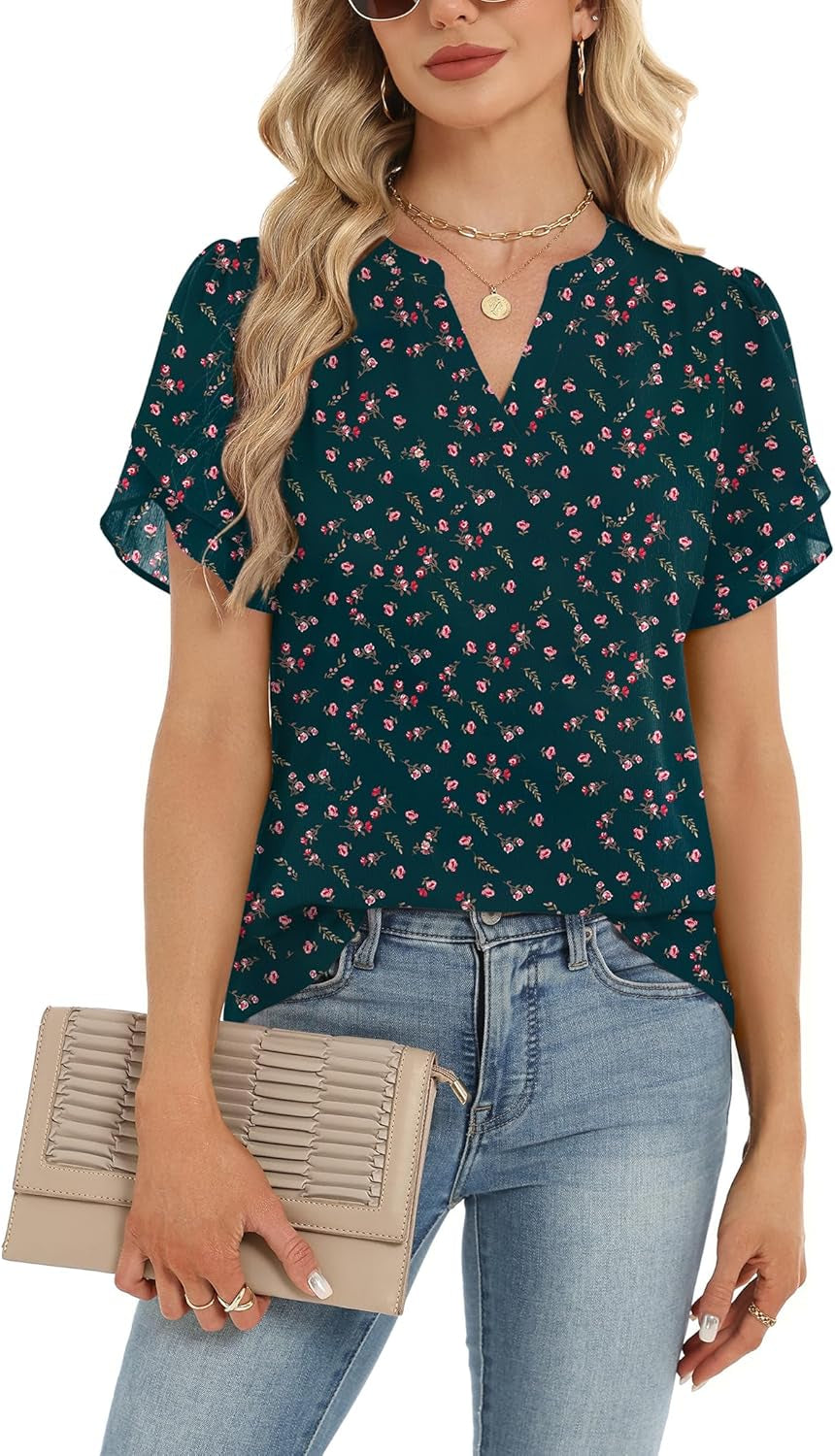 Womens Dressy Casual Shirts Short Sleeve V Neck Work Blouse Business Casual Summer Chiffon Tops