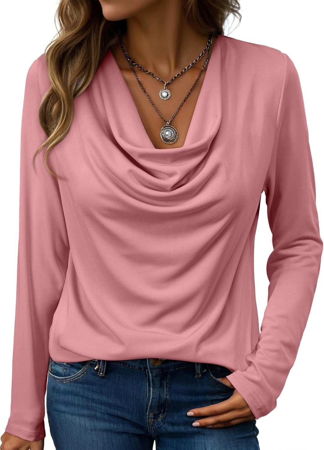Womens Tops Trendy 2025 Fall Cowl Neck Shirts Long Sleeve Teacher Clothes Office Business Dressy Casual Outfits