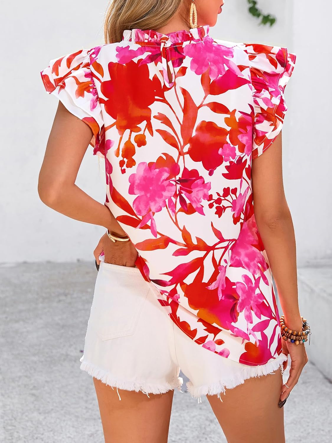 Women'S Ruffle Short Sleeve Summer Tops 2025 Trendy Floral Trim Neck Casual Dressy Chiffon Boho Blouses Shirts