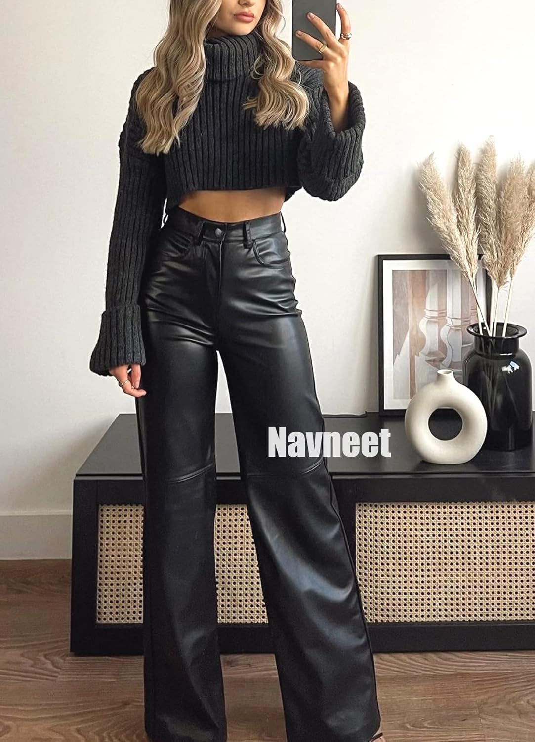 Women Faux Leather Pants PU High Waist Straight Leg Pant with Pockets Leather Leggings Bell Bottom Flare Pants