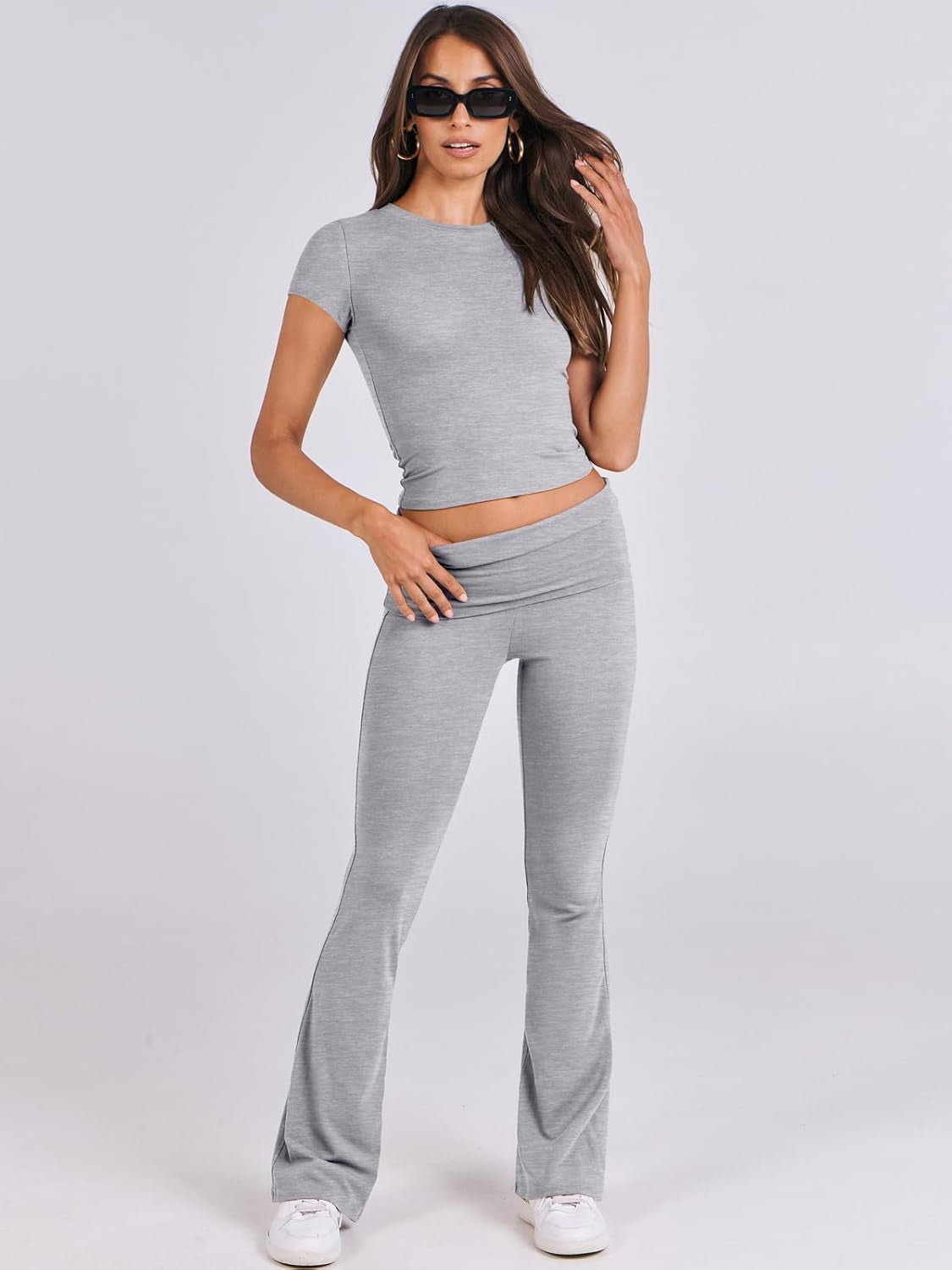 Lounge Sets for Women 2 Piece Foldover Yoga Flare Leggings Pants Crop Tops Casual Y2K Outfits Matching Tracksuit Set