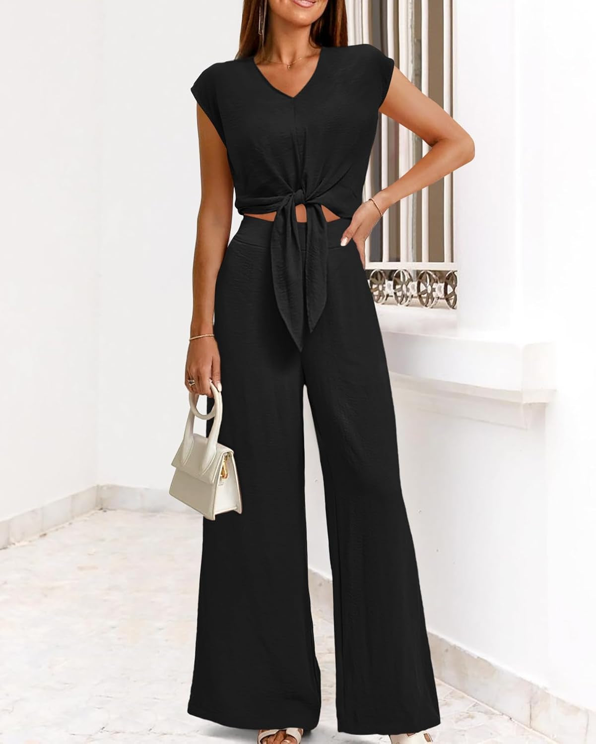 Women'S Summer 2 Piece Outfits 2025 Cap Sleeve V Neck Belted Crop Tops Wide Leg Pant Sets Casual Tracksuit
