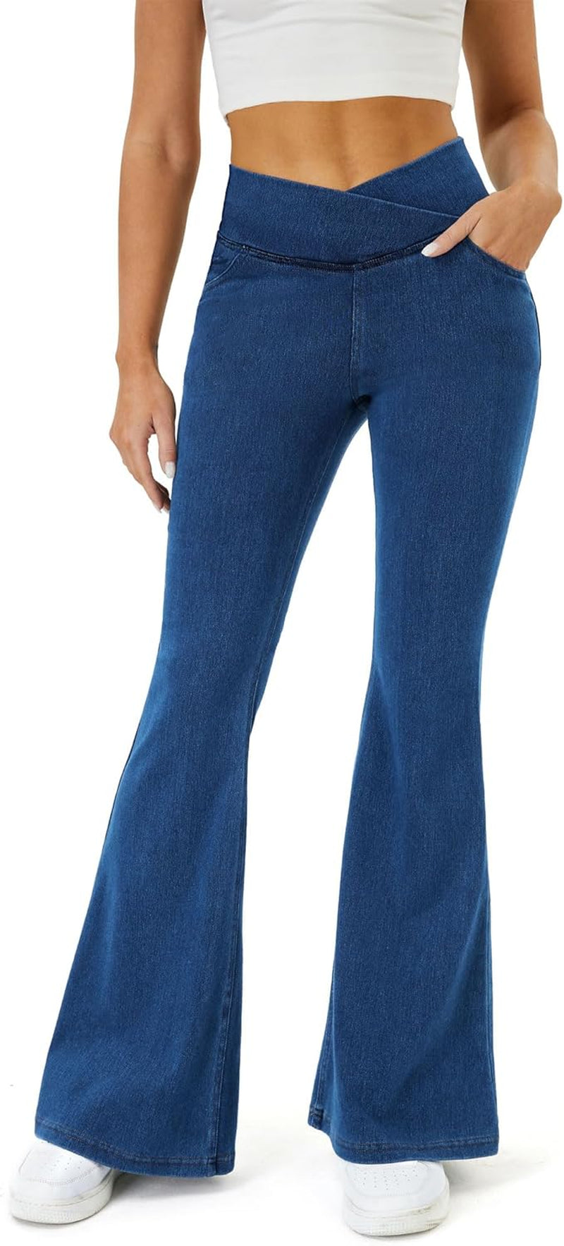 Bell Bottom Jeans for Women Trendy Crossover Stretchy Jeans Flare Leggings with Pockets Y2K Butt Lifting Jeggings