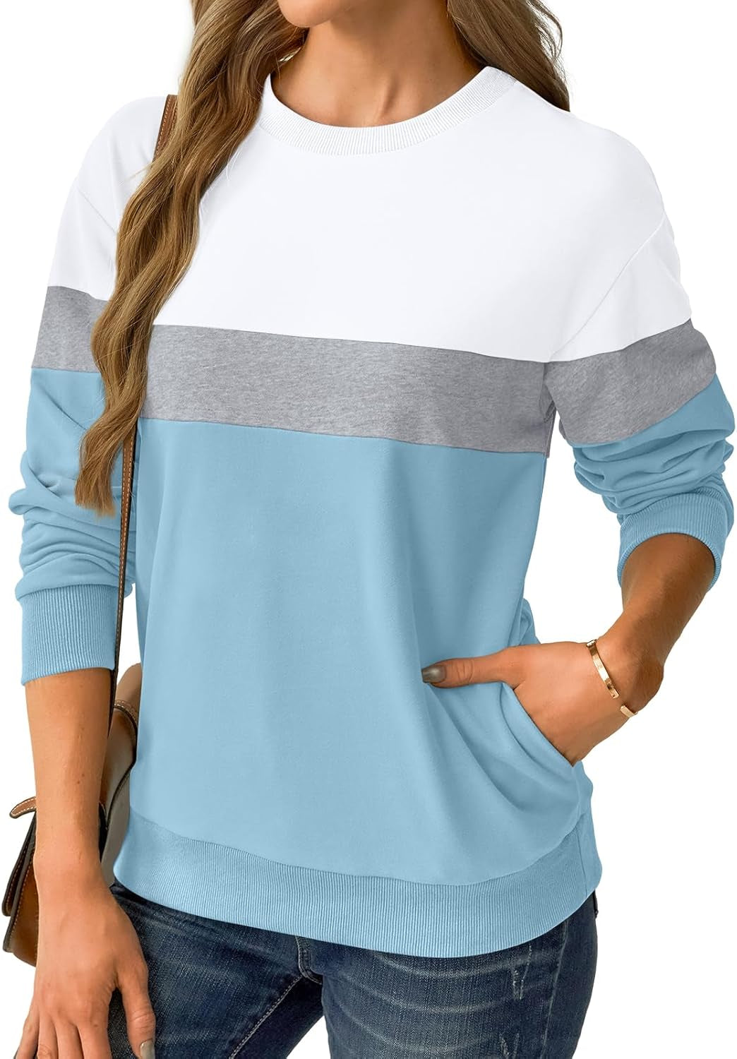 Womens Sweatshirts Cotton Crewneck Tops Long Sleeve Cute Lightweight Fall Winter Loose Casual Pullover with Pockets