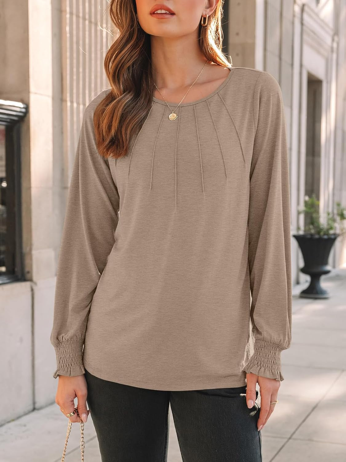 Womens Fall Fashion Long Sleeve Shirts Dressy Casual Pleated Basic Trendy Tops Winter Clothes 2025