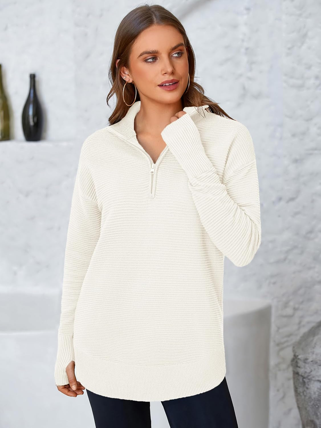 Womens Long Sleeve Quarter Zip Pullover Sweater Casual Loose V Neck Collared Ribbed Knit Jumper Tops Thumb Hole