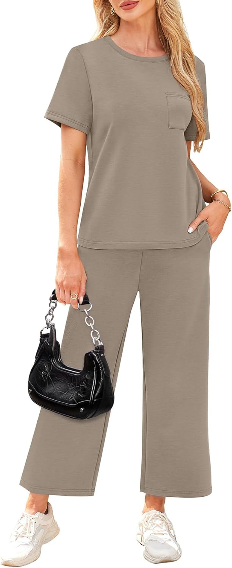 2 Piece Sets for Women Casual Summer Travel Vacation Outfits Short Sleeve Wide Leg Crop Pants Lounge Sets