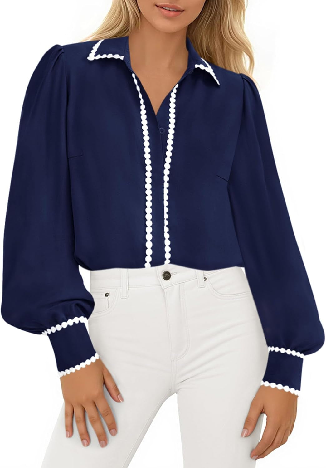 Womens Long Sleeve Button down Shirts 2025 Trendy V Neck Loose Fit Fall Tops Collared Dressy Casual Blouses