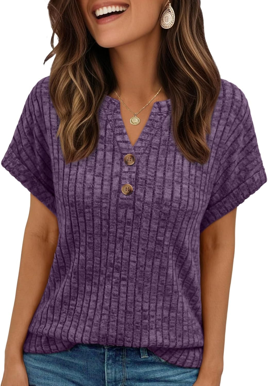 Womens Spring Top Summer Short Sleeve T Shirt Business Dressy Casual Blouse Henley V Neck Sweater Loose Fit Tee Tunic