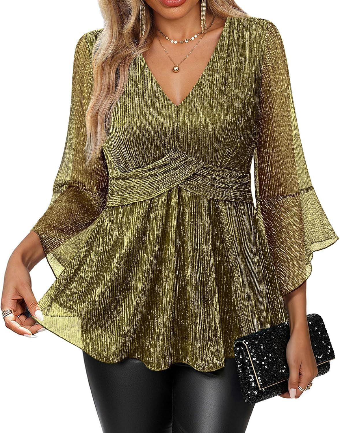 Womens Sparky Tops 3/4 Sleeve Glitter Sequin Shiny Dressy Blouses V Neck Party Evening Cocktail Shirts