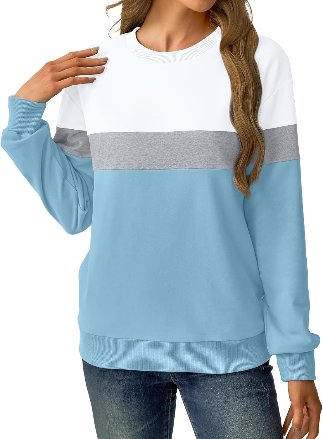 Womens Sweatshirts Cotton Crewneck Tops Long Sleeve Cute Lightweight Fall Winter Loose Casual Pullover with Pockets