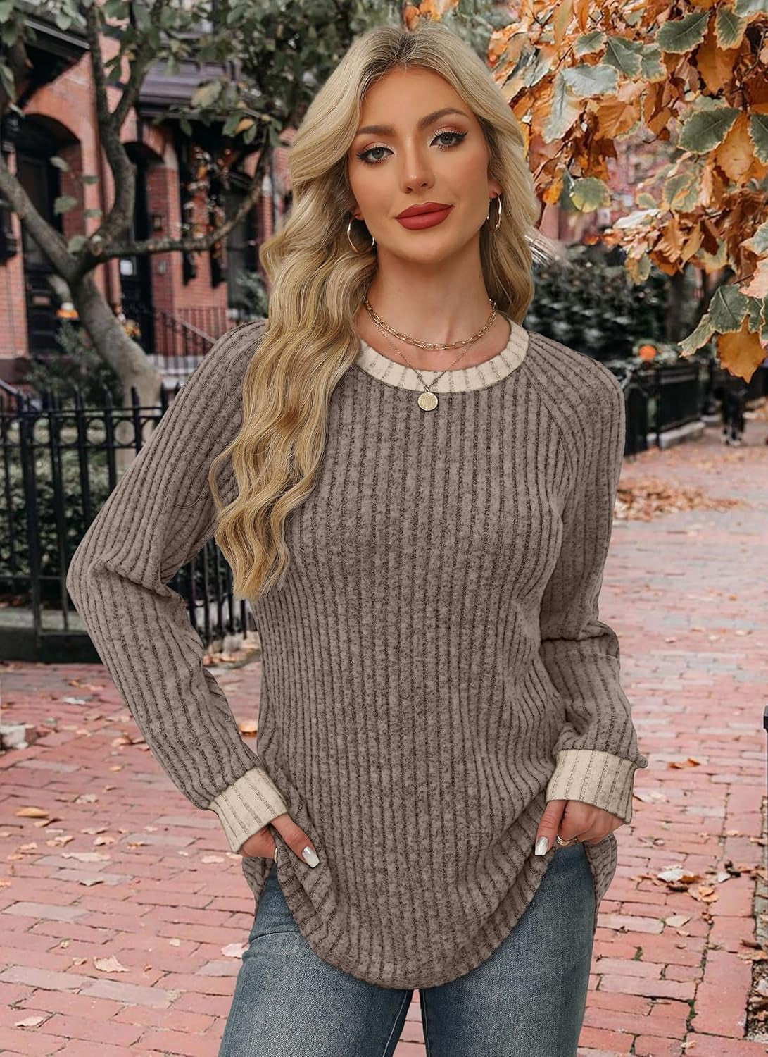 Long Sleeve Shirts for Women Lightweight Sweaters Fall Outfits 2025 Color Block Winter Clothing Dressy Casual Soft