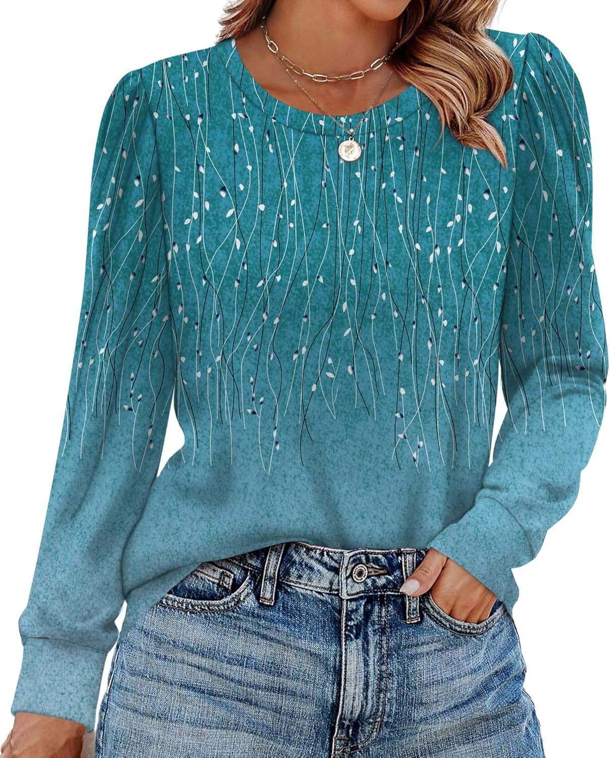 Womens Long Sleeve Shirts 2025 Fall Tunic Tops Crewneck Blouses Print