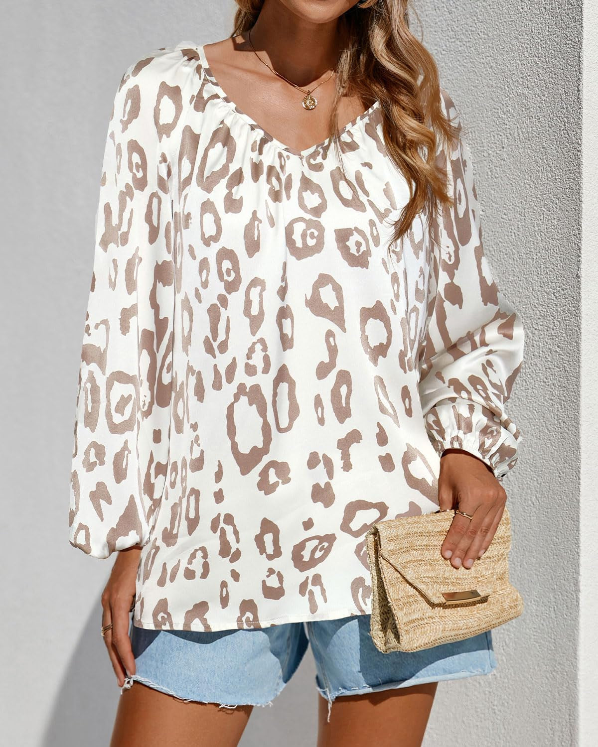 Women'S Summer Tops Dressy Casual 2025 V Neck Satin Silk Printed Shirts Boho Long Sleeve Work Blouses