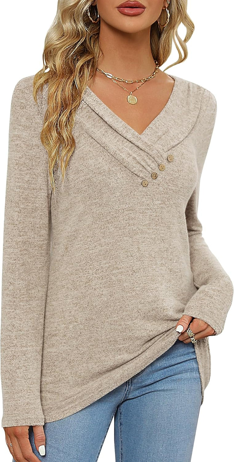 Women'S Fall Long Sleeve Tunic Tops for Leggings V Neck Button Casual Blouse Sweatshirt