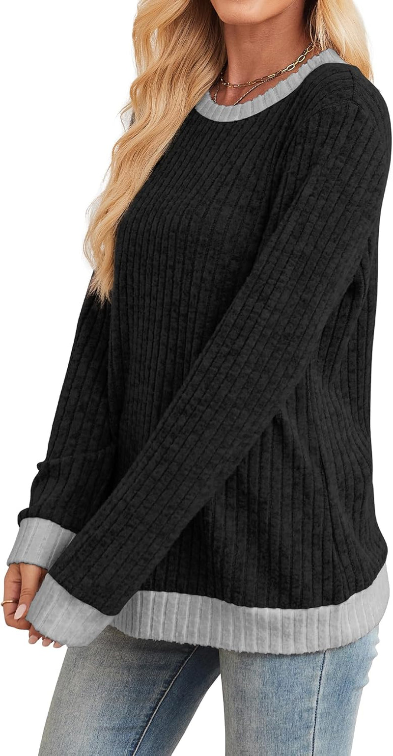 Womens Tops Long Sleeve Shirts Lightweight Sweaters Loose Fit Crewneck Color Block Fall Fashion Outfits