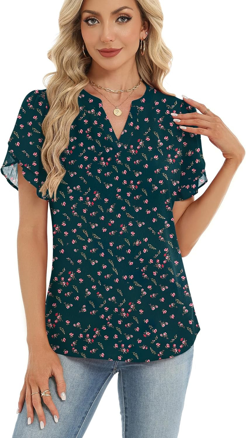 Womens Dressy Casual Shirts Short Sleeve V Neck Work Blouse Business Casual Summer Chiffon Tops