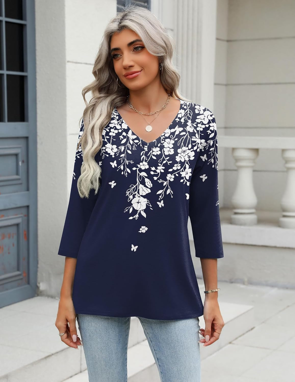 3/4 Length Sleeve Womens Tops Casual V Neck Shirts Soft Basic Tees Business Work Blouses