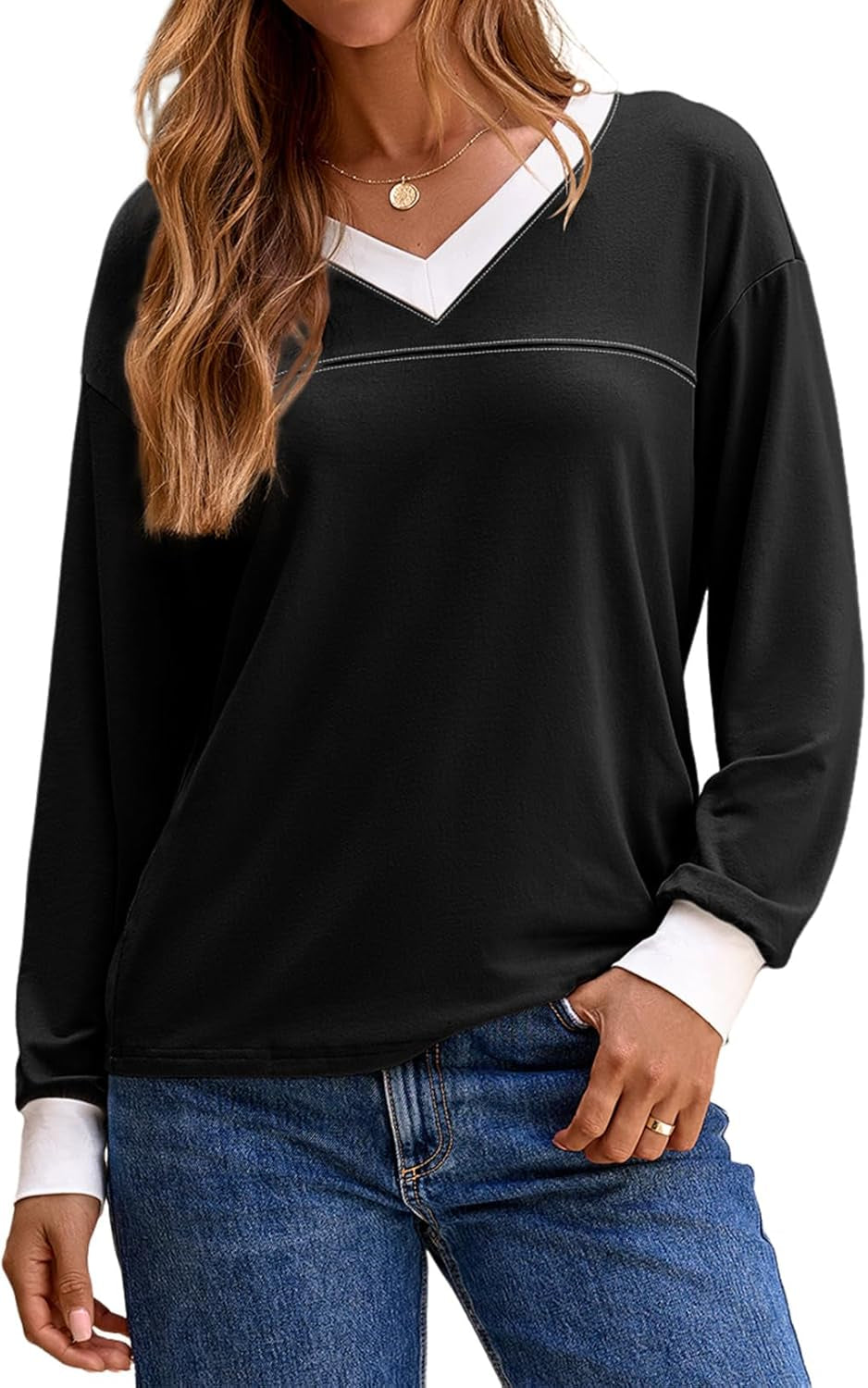 Long Sleeve Shirts for Women Tops V Neck Casual Top Comfortable Shirt Soft Women Blouses Basic Tees