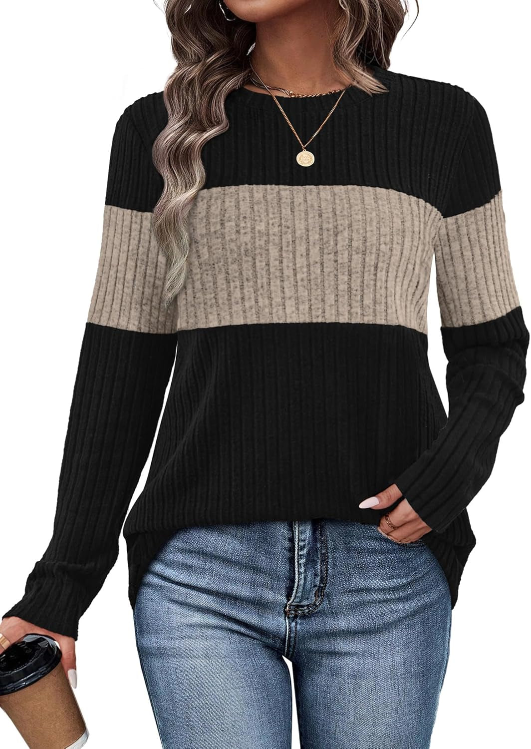 Womens Sweaters Trendy Color Block Tops Long Sleeve Shirts Fall Outfits Early Fall Fashion 2025 Winter Clothing