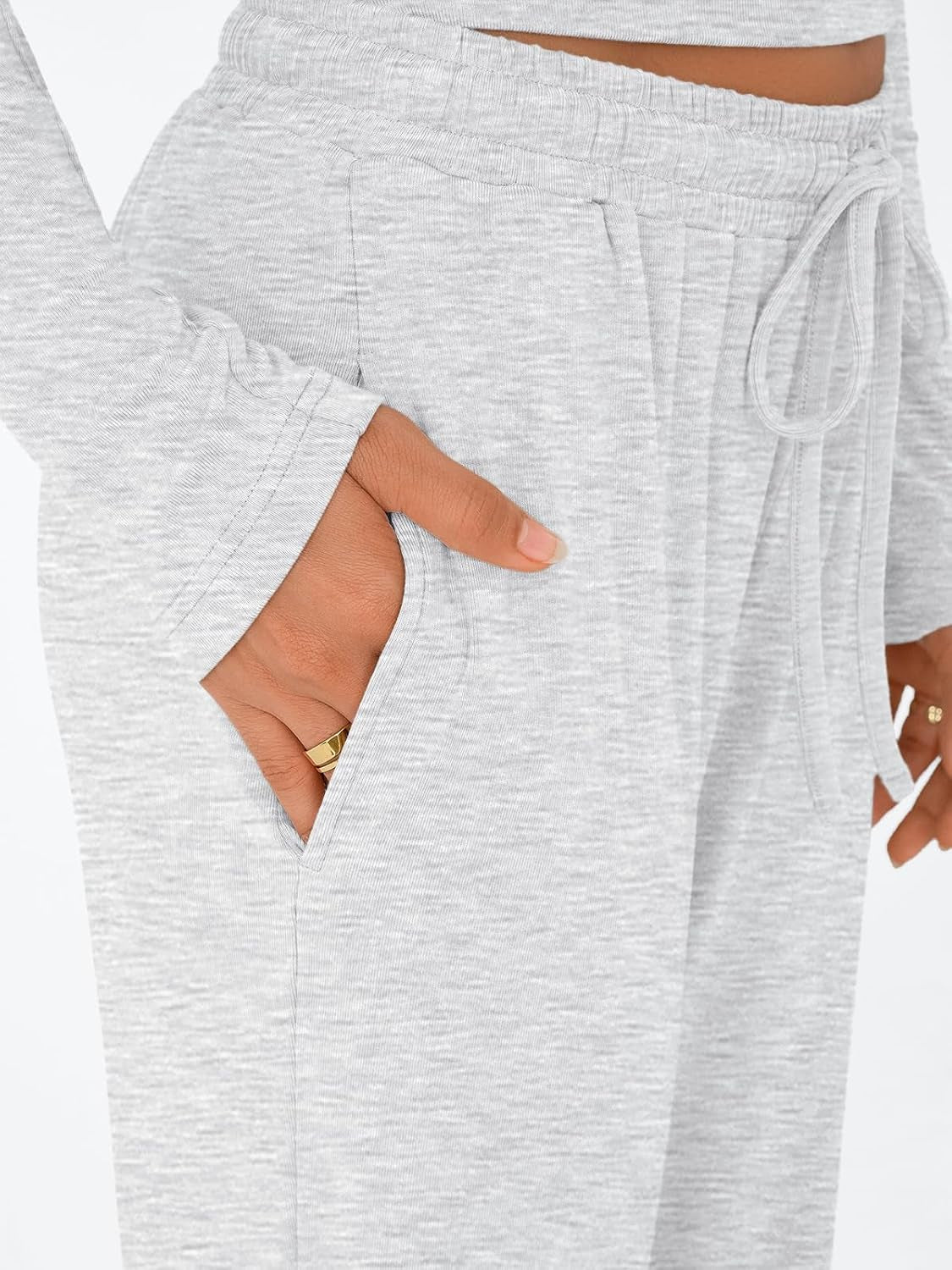 Women'S 2 Piece Matching Lounge Set Long Sleeve Side Ruching Top Wide Leg Drawstring Pants Set with Pockets