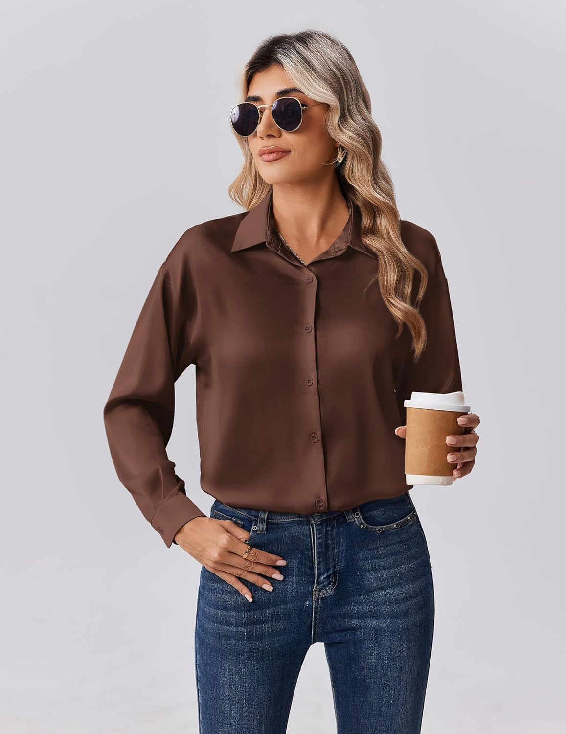 Womens Tops Long Sleeve Satin Silk Button down Shirts Casual Business Dressy Blouses Fall Clothes