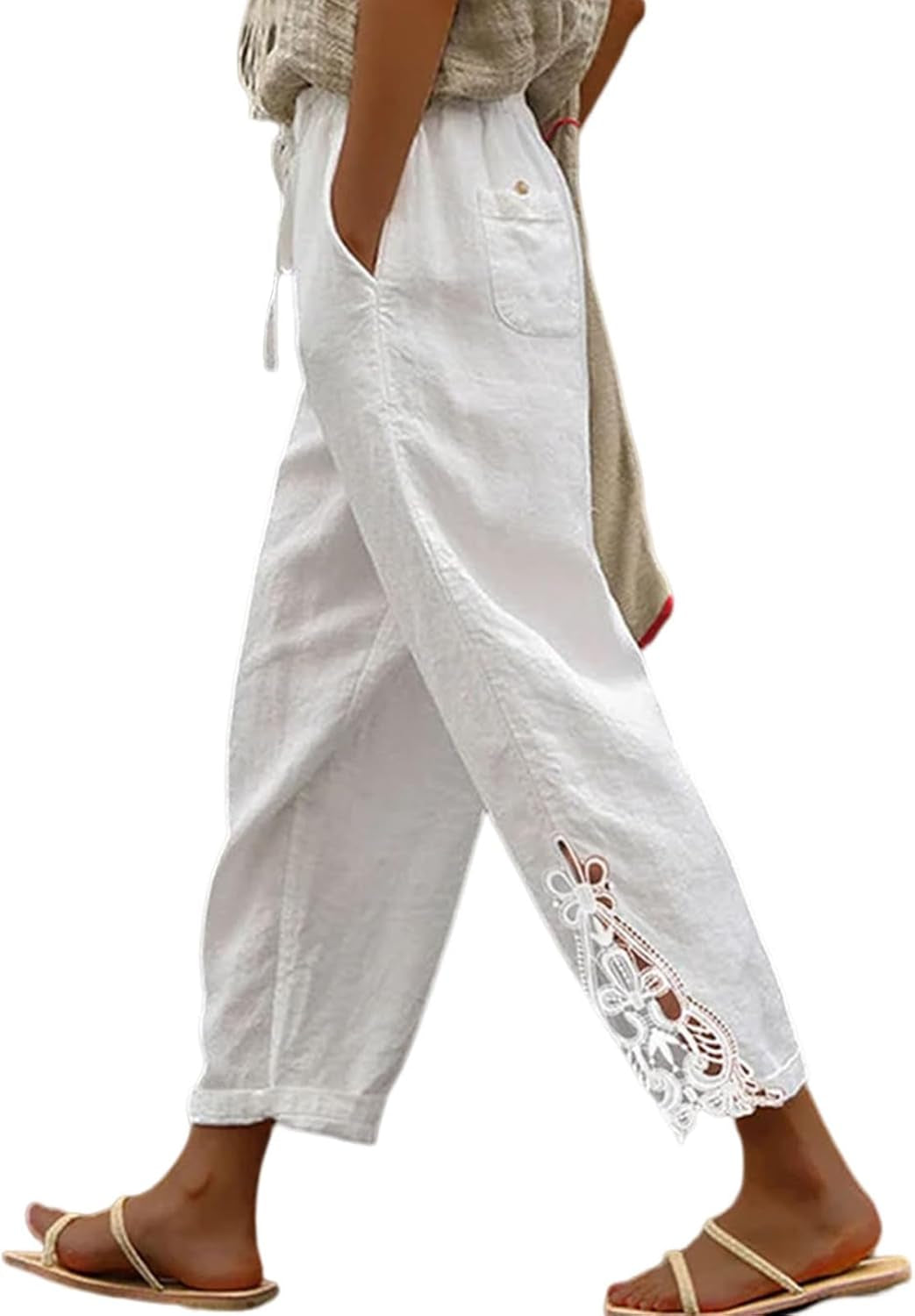 Women Casual Lightweight Drawstring Elastic Waist Pants with Pockets, S-XXL