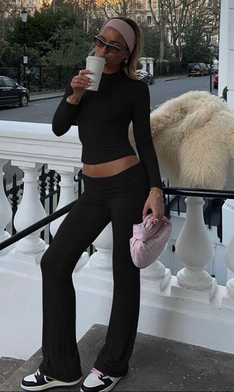 Women'S 2 Piece Outfits Foldover Flare Pants Long Sleeve Crew Neck T-Shirt Fitted Pajama Sets