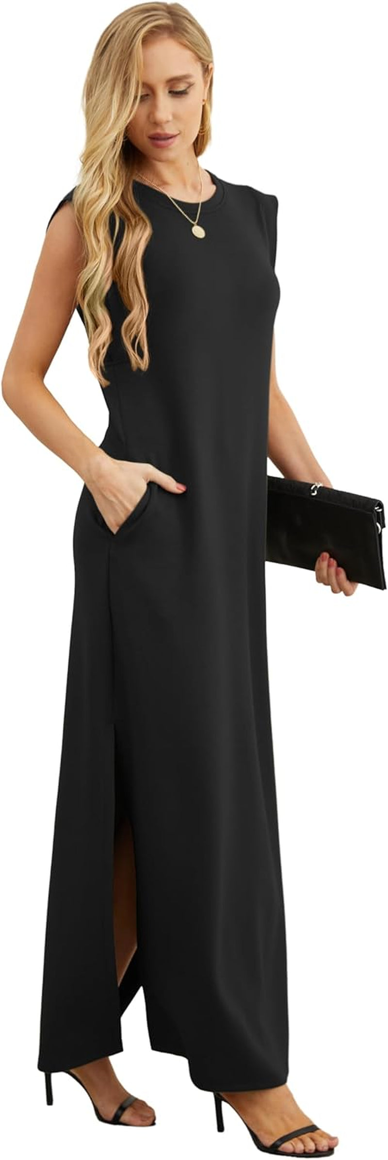2026 Women Year-Round Casual round Neck Loose Split Wrinkle-Free Long Maxi Vacation Dress with Pockets (XXS-4XL)