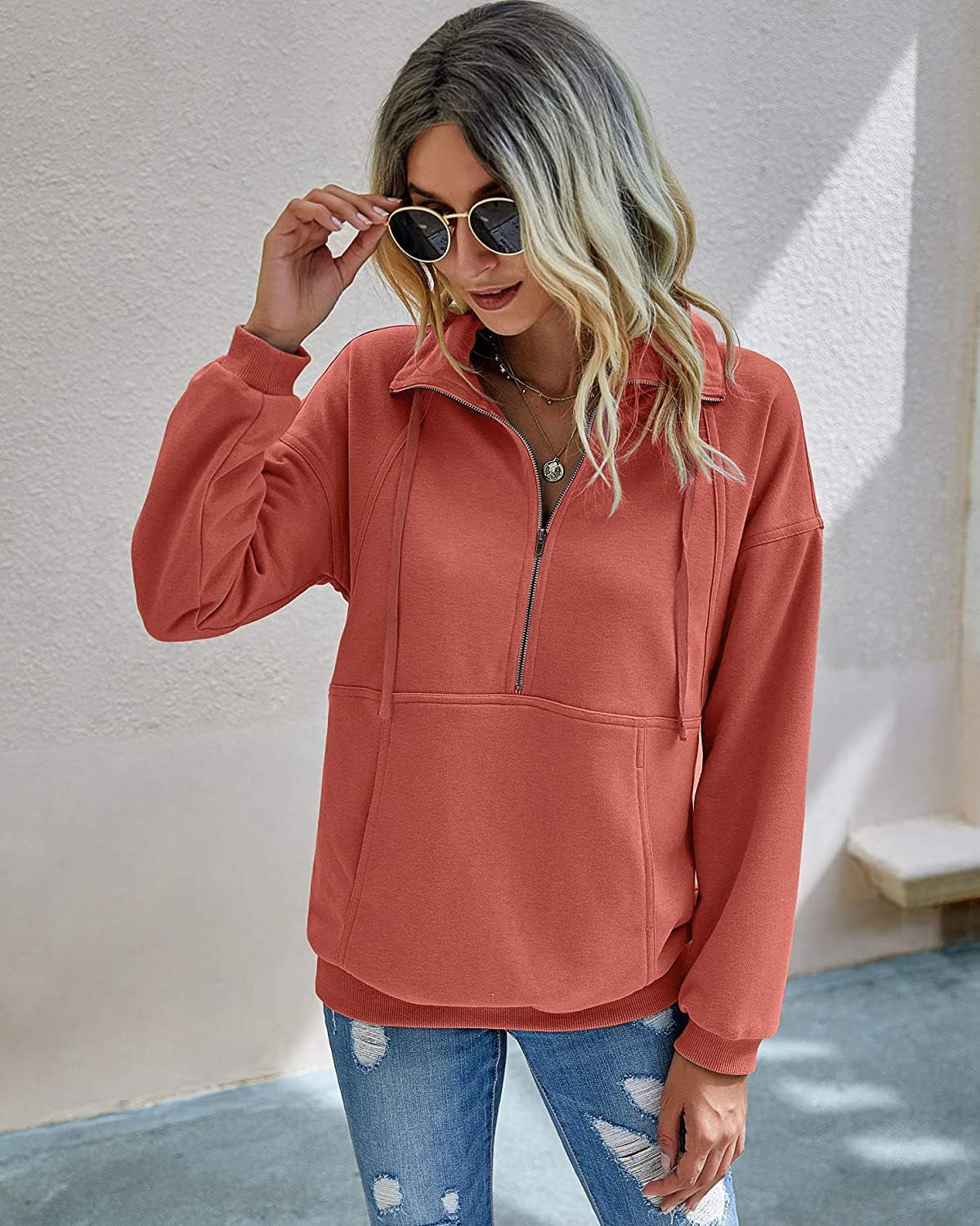 Women'S Casual Long Sleeve Lapel Zipper Sweatshirt Drawstring Loose Pullover Tops