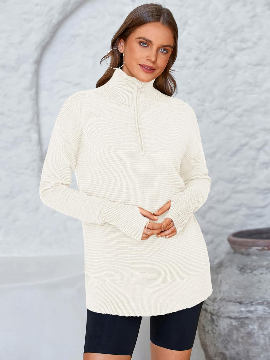 Womens Long Sleeve Quarter Zip Pullover Sweater Casual Loose V Neck Collared Ribbed Knit Jumper Tops Thumb Hole