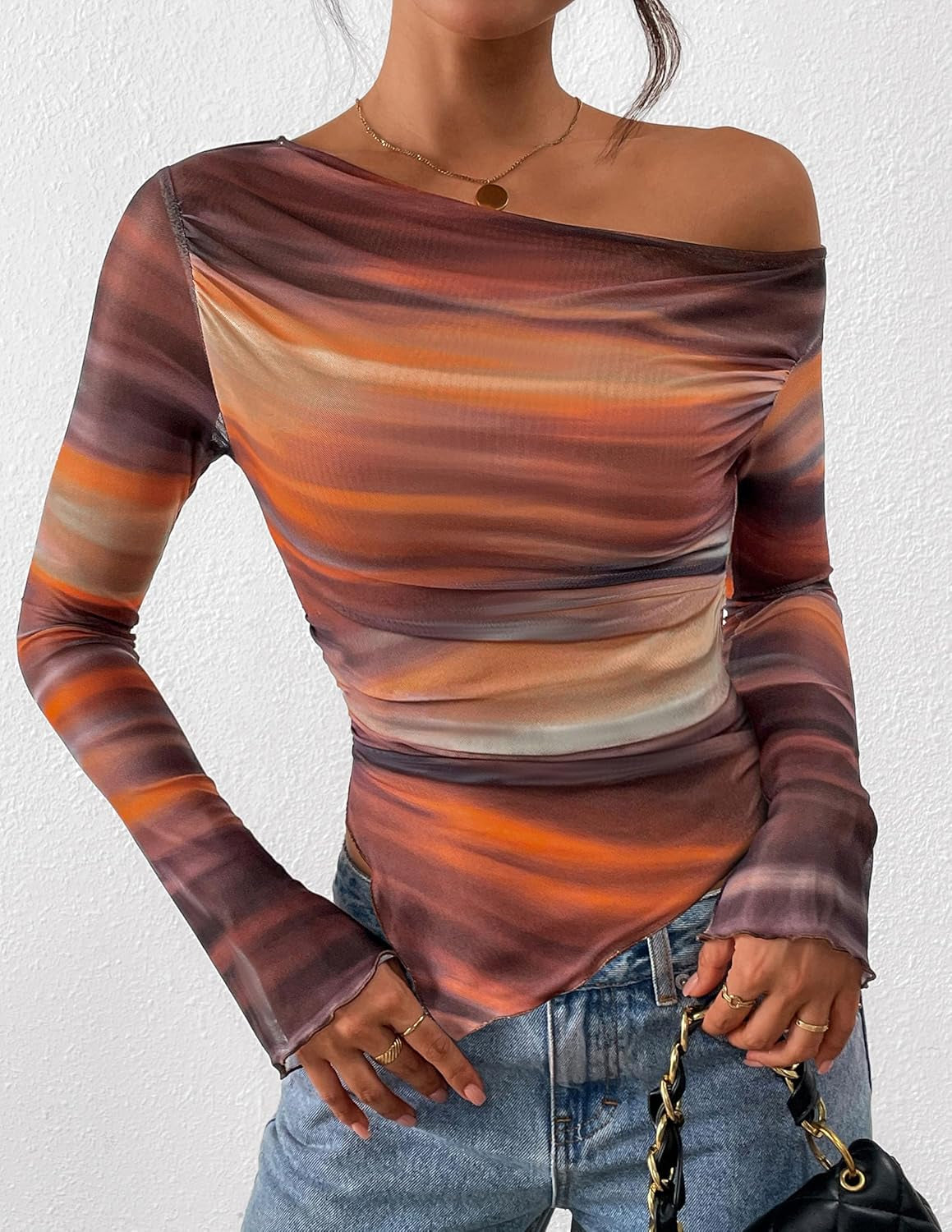 Womens Fall Trendy off Shoulder Y2K Tops 2026 Tie Dye Mesh Long Sleeve Shirts Asymmetrical Ruched Floral Blouse