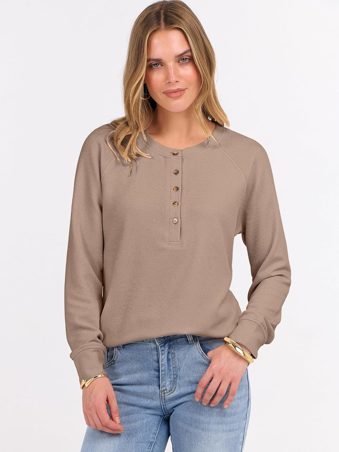 Women'S Long Sleeve Waffle Knit Shirts Dressy Casual Loose Button up V Neck Henley Tops 2025 Fall Basic Tee Blouse