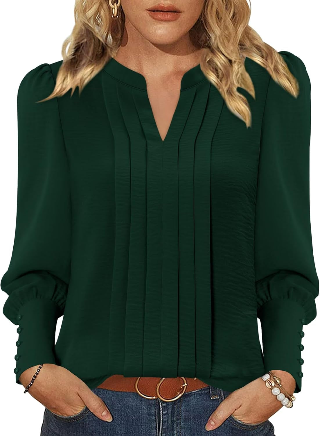 Puff Long Sleeve Shirts for Women Dressy Casual Fall Fashion Pleated Solid Color Blouse Fitted Mock Neck Tops