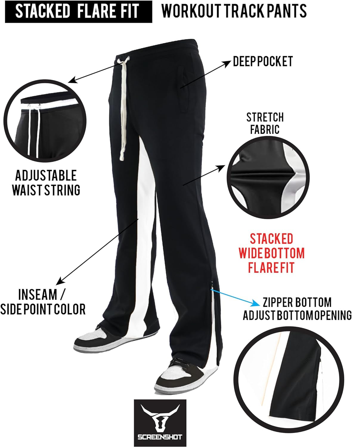 Track Pants 3202 Mens Streetwear Premium Stacked Flare Fit Urban Track Pants Workout Athletic Bottoms