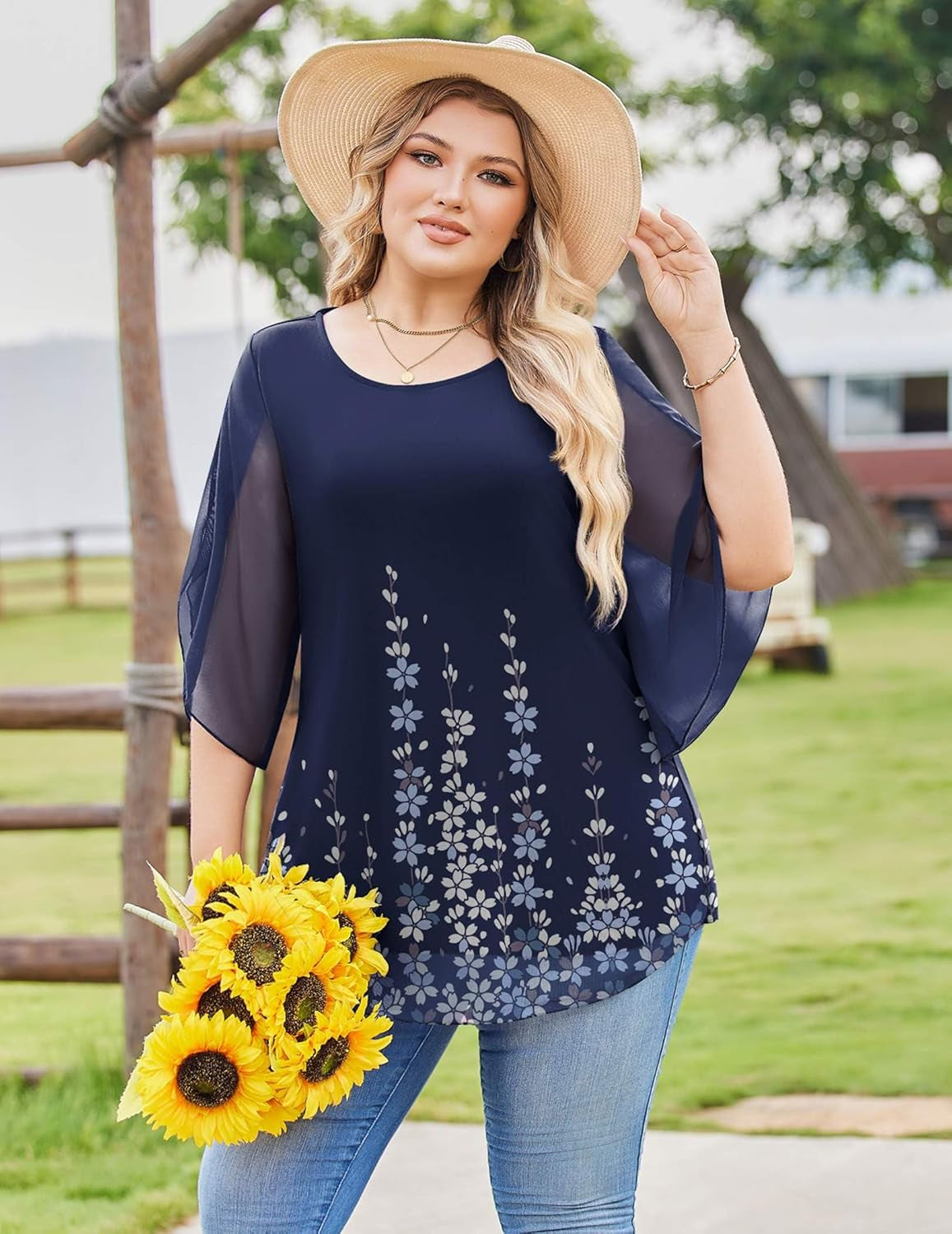 plus Size 3/4 Sleeve Women Tops Dressy Casual Double Layers Mesh Blouses Loose Fit Flowy Shirts