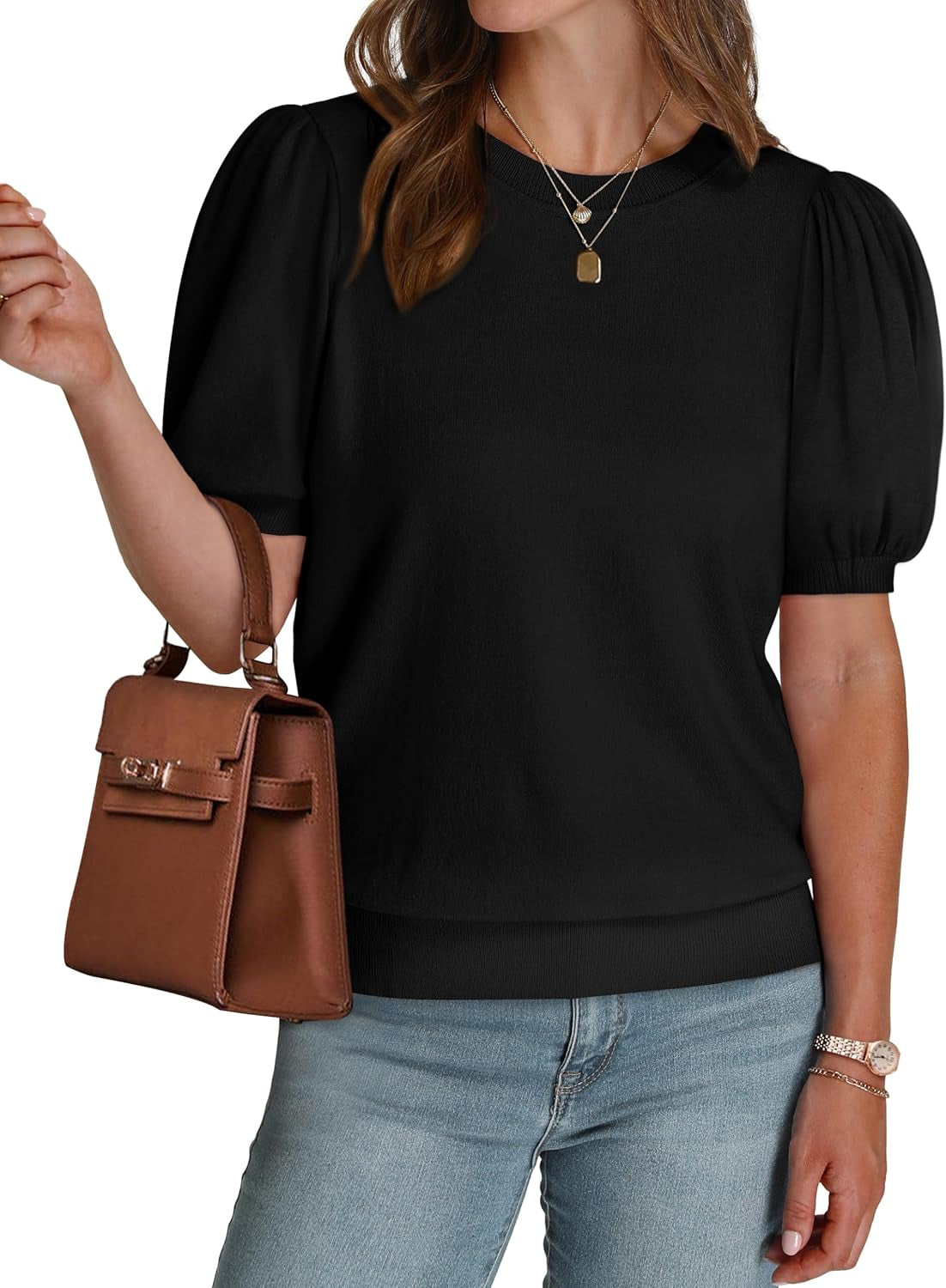 Women'S Puff Short Sleeve Sweater 2025 Spring Summer Tops Trendy Business Causal Outfits Work Blouses Clothes