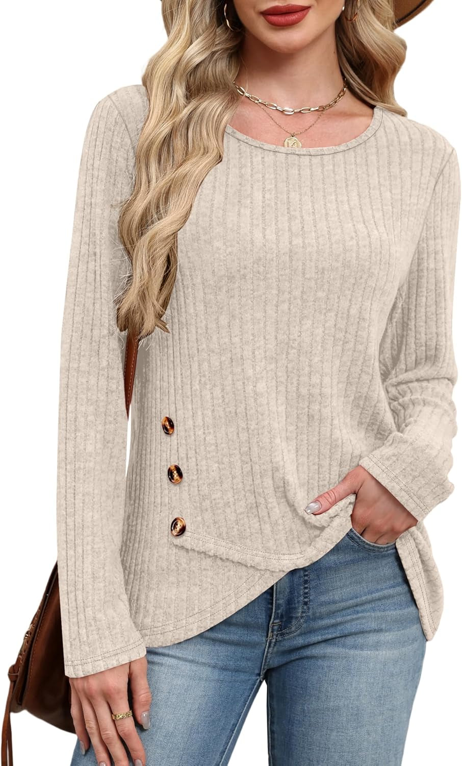 Tunic Sweaters for Women Long Sleeve Shirts Crew Neck Tops with Buttons Fall Fashion Outfits Winter Clothing