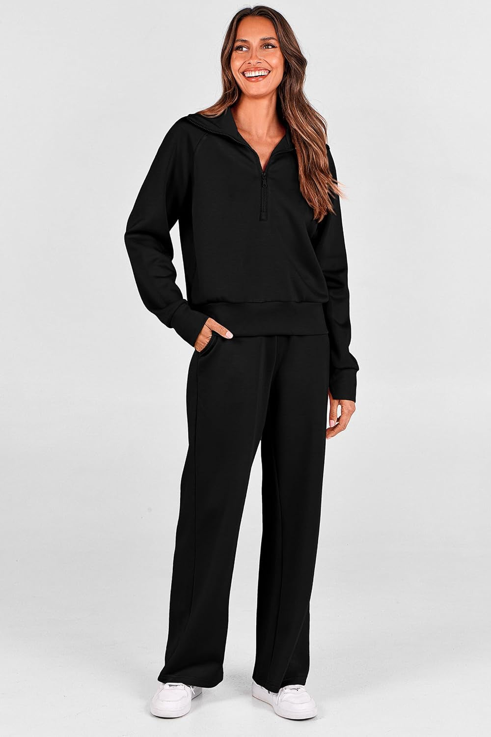 Women'S 2 Piece Outfits Casual Lapel Half Zip Sweatshirts and Wide Leg Pants Tracksuit Sets