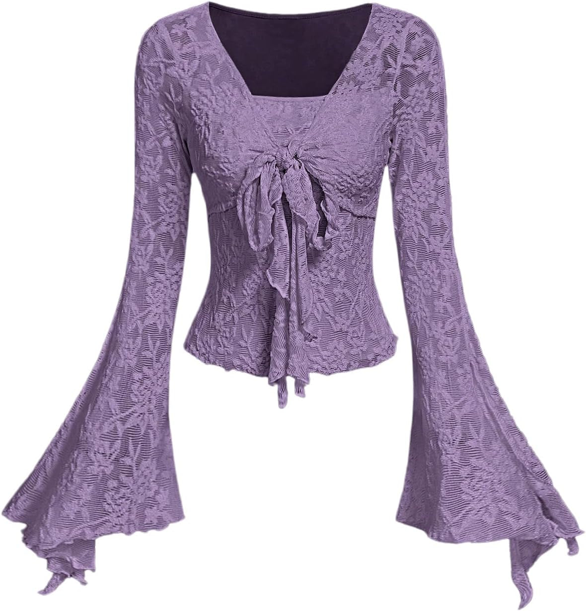 Women'S Y2K Tie Front Tops Bell Sleeve Floral Print Mesh Tops Long Sleeve Shirts 2000S Clothing