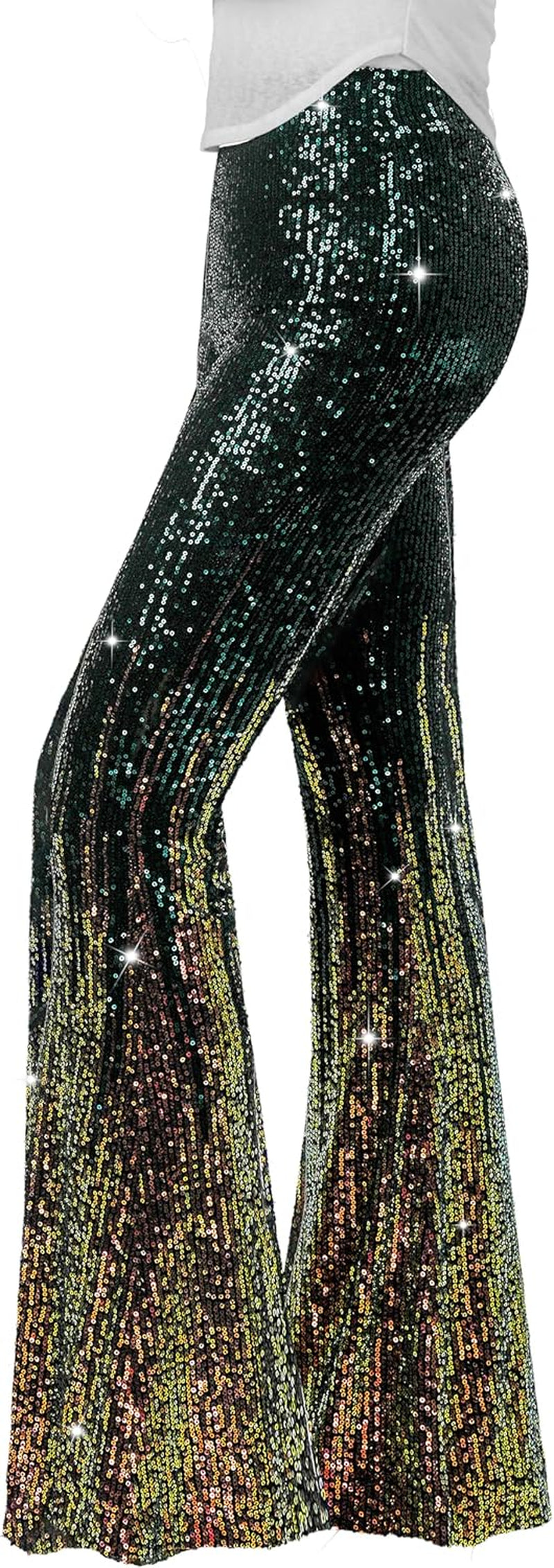 Sequin Flare Pants Sparkly Glitter High Waisted Bell Bottom Trousers Disco Party Clubwear for Women