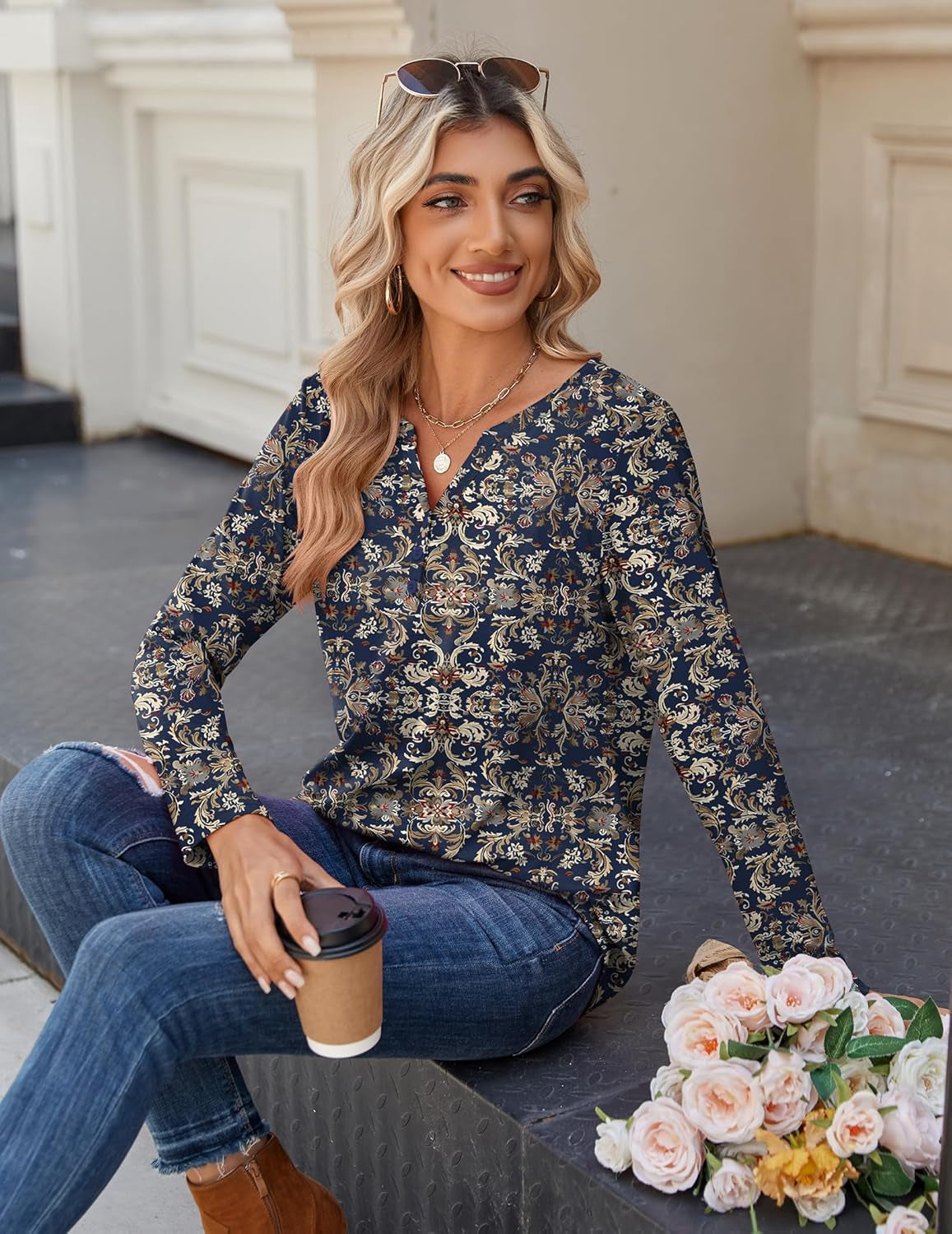 Long Sleeve Shirts for Women Casual V Neck Fall Tops Dressy Summer Work Blouses Clothes