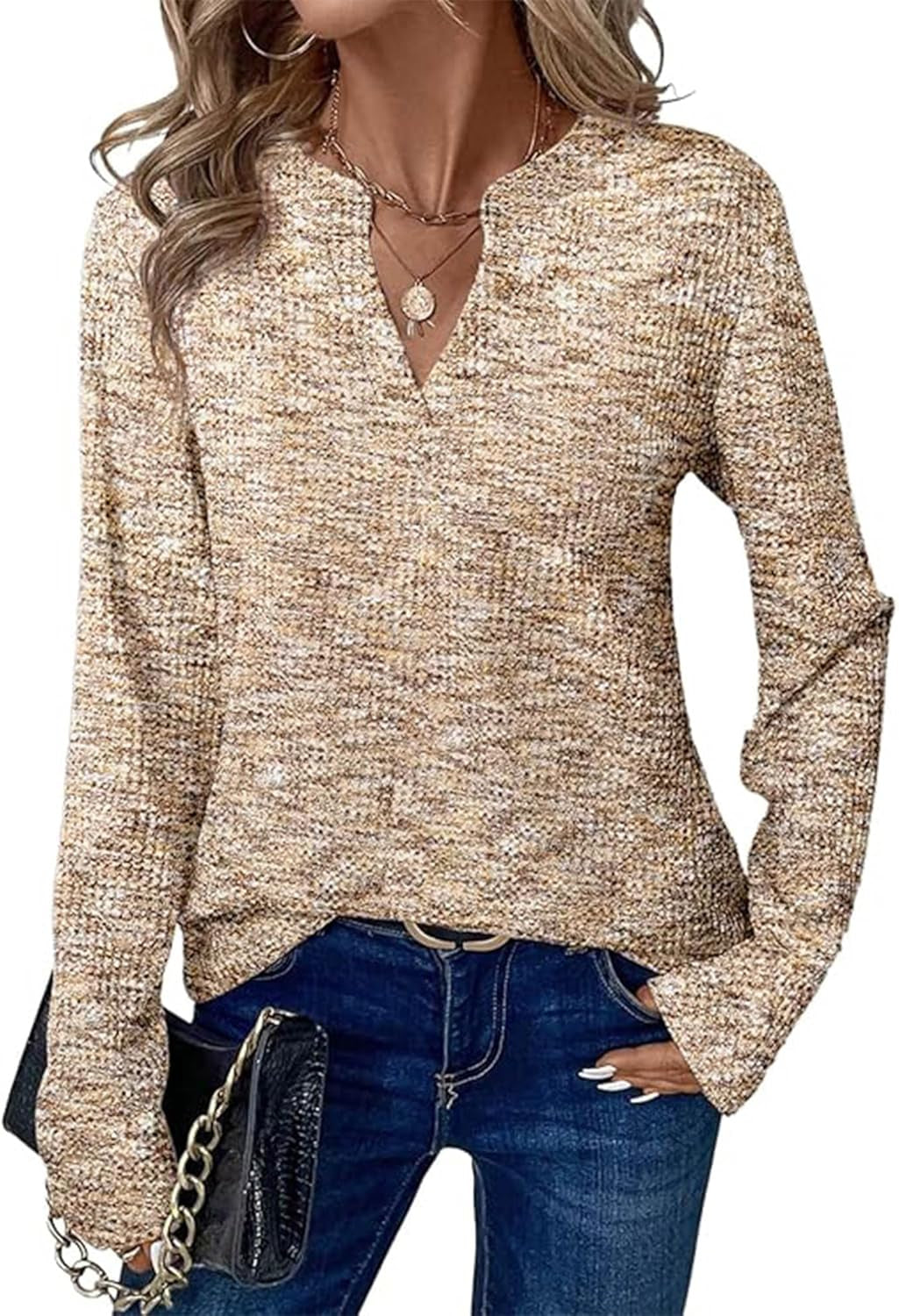 Waffle Knit Tops V Neck Long Sleeve Blouses for Women Dressy Casual Henley Work Shirts 2026 Spring Fall Clothes