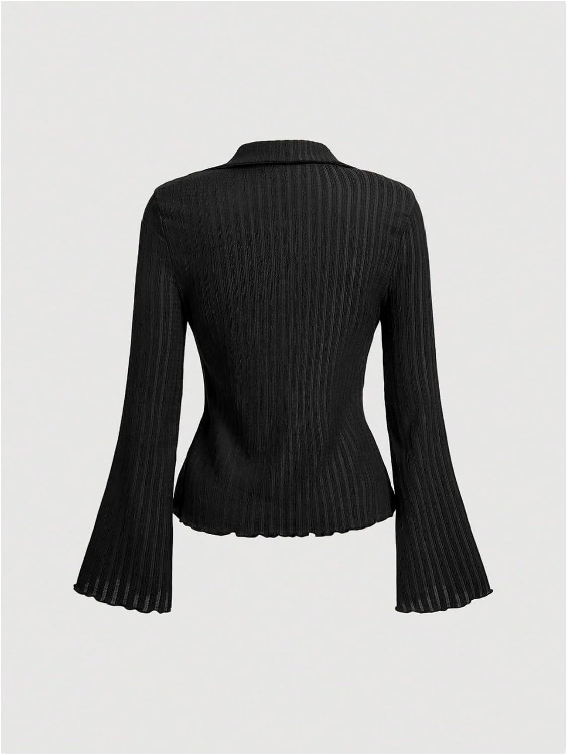 Women'S Button down T Shirt Collared V Neck Bell Long Sleeve Casual Tops