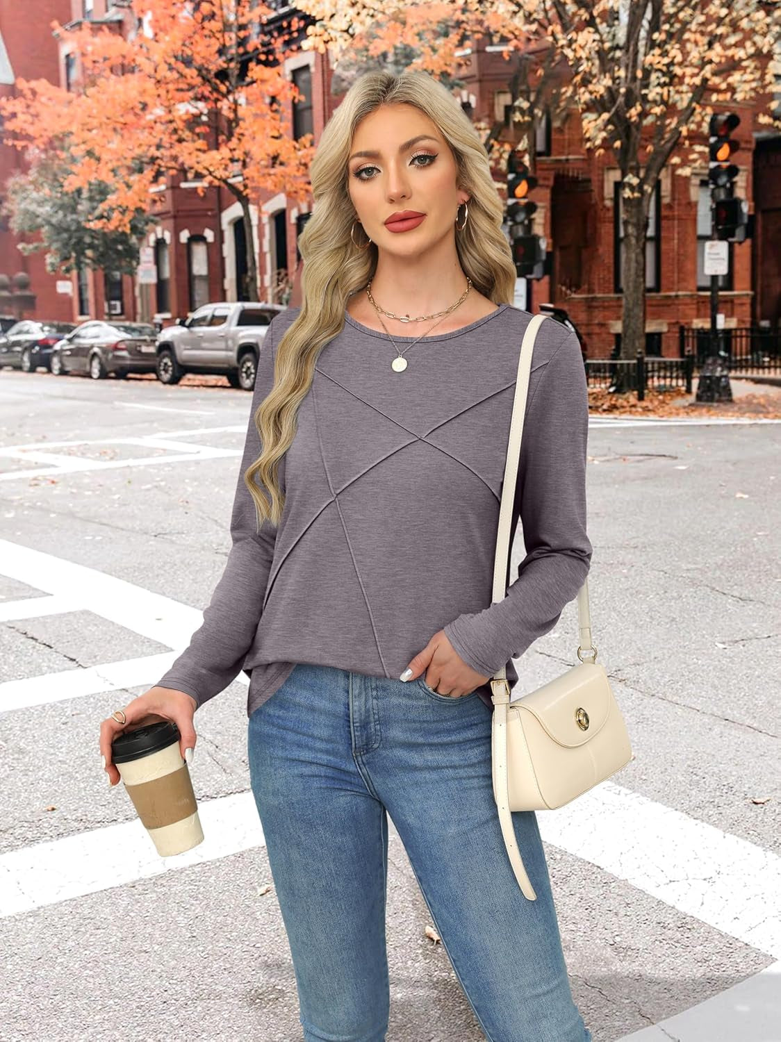 Long Sleeve Shirts for Women Business Casual Tops Trendy Crewneck Fall T Shirts Pleated Loose Fit