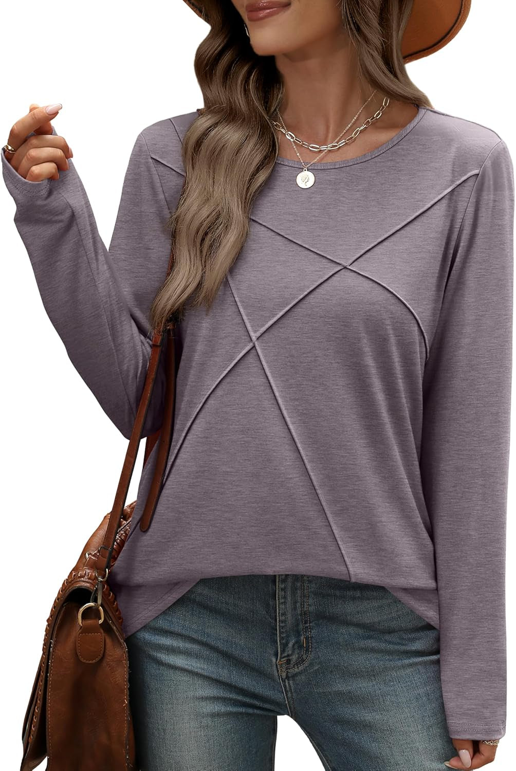 Long Sleeve Shirts for Women Business Casual Tops Trendy Crewneck Fall T Shirts Pleated Loose Fit