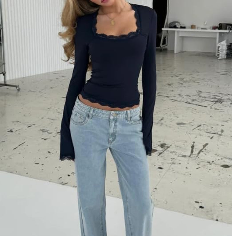 Women Square Neck Lace Long Sleeve Top Y2K Lace Trim Slim Fit Basic Blouse Casual Fall Going Out Trendy Shirts