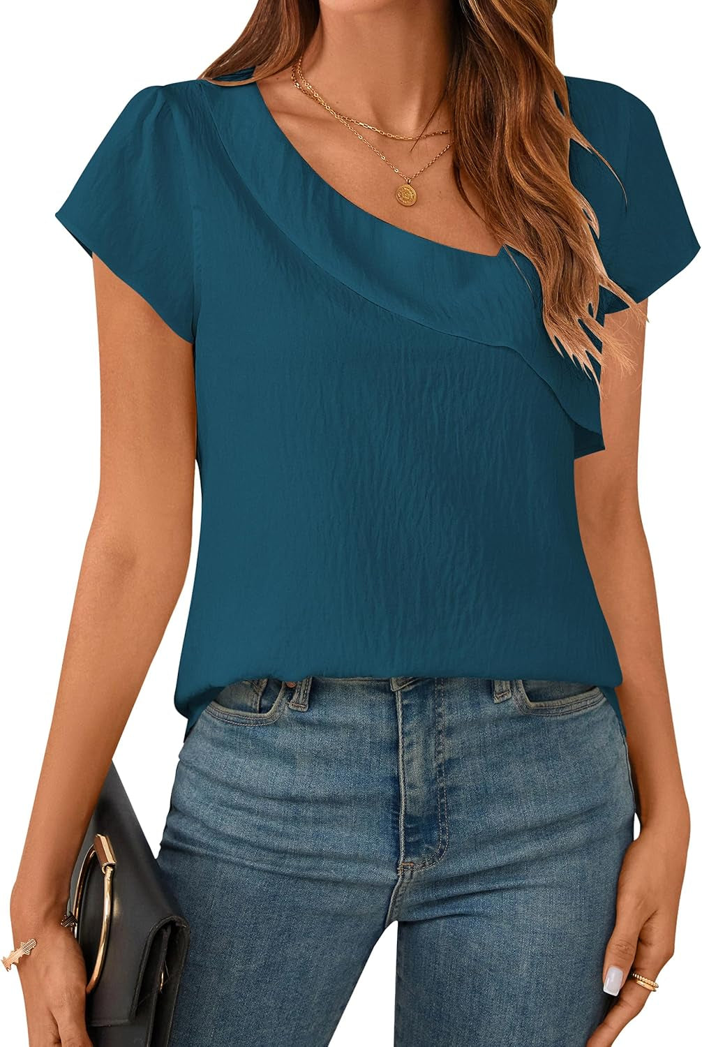 Womens Dressy Casual Blouses Asymmetrical V Neck Business Work Tops Ruffle Sleeve Summer Shirts