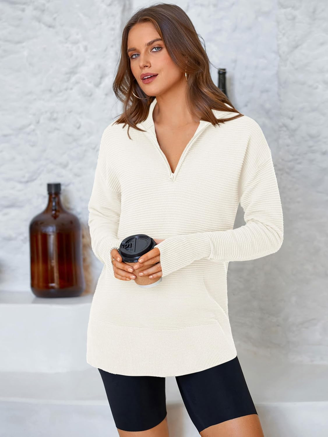Womens Long Sleeve Quarter Zip Pullover Sweater Casual Loose V Neck Collared Ribbed Knit Jumper Tops Thumb Hole